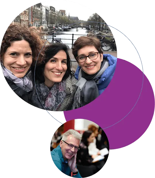 Callout image showing 3 ladies taking a selfie and a man smiling at the camera at a conference.